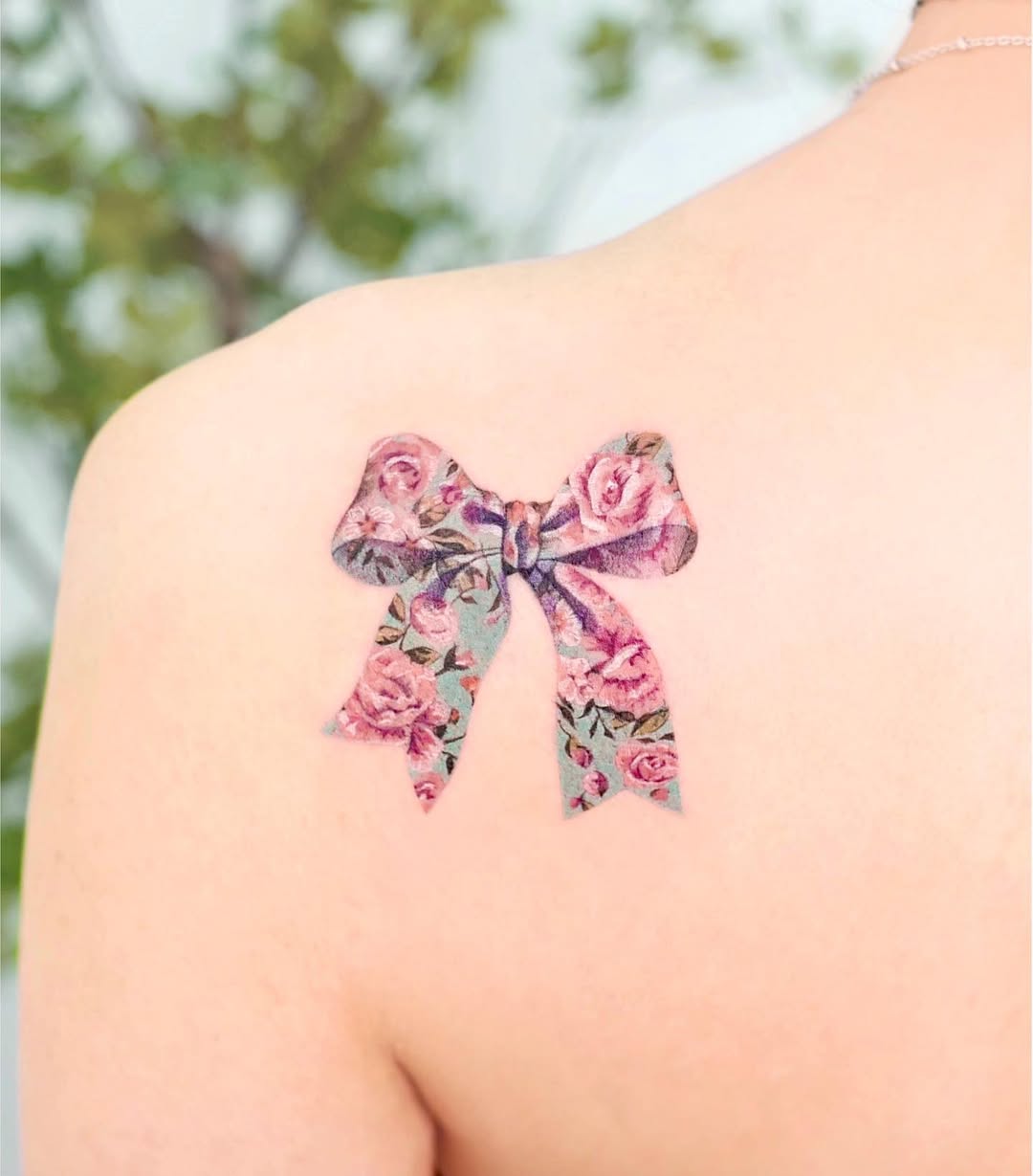 Elegant floral bow tattoo on shoulder