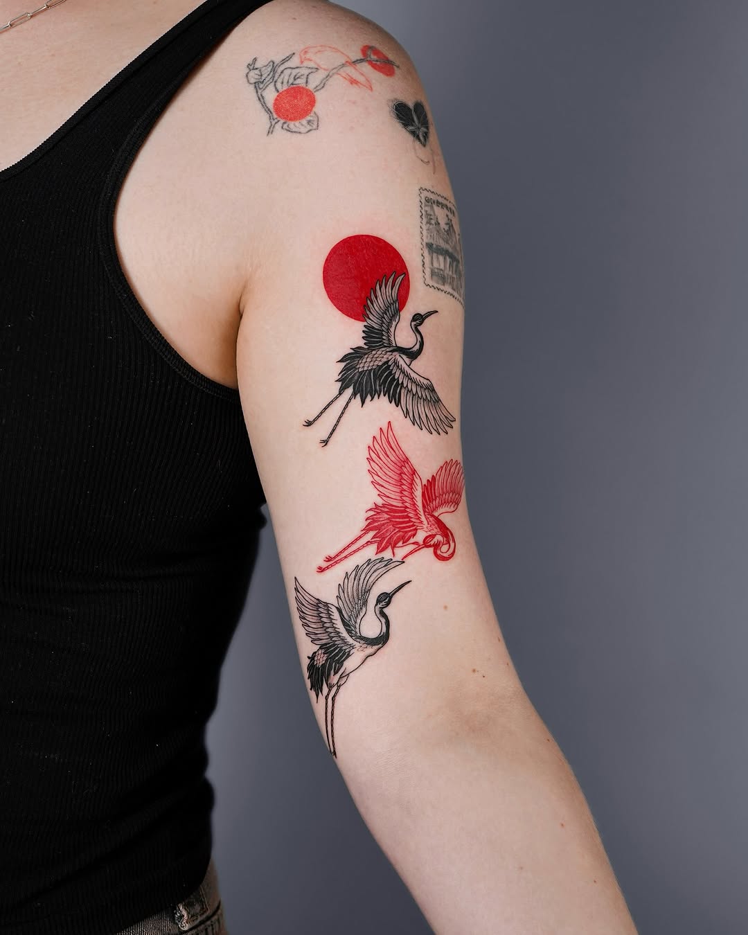Stylish shoulder tattoos featuring cranes and color