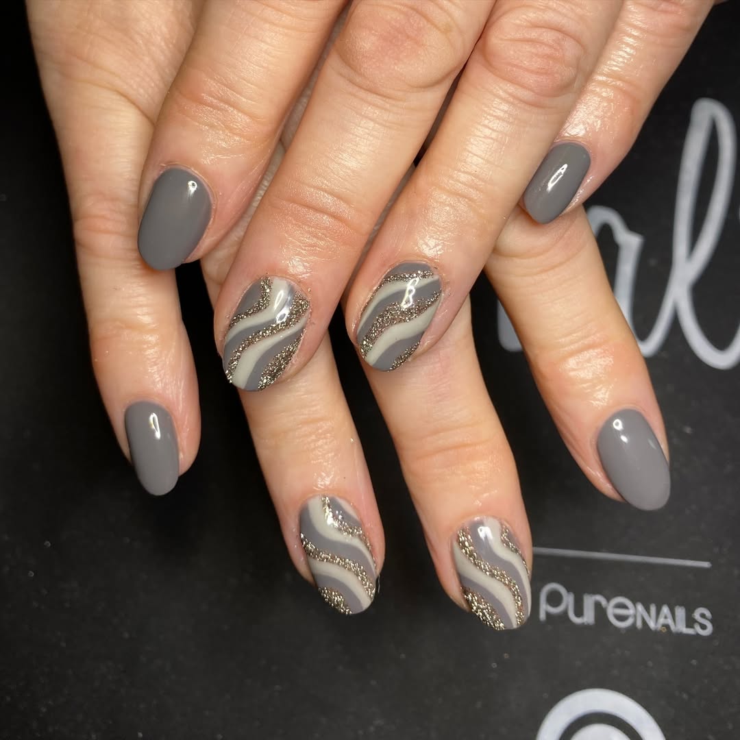 Chic Grey Nails with Elegant Gold Accents