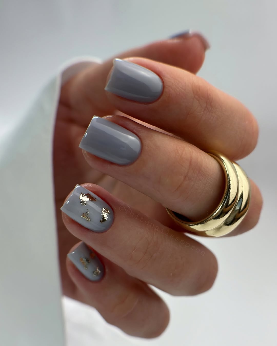 Elegant grey nails adorned with gold touches