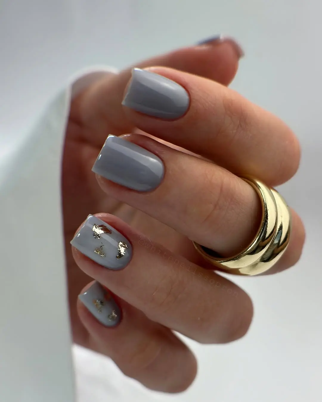 Elegant grey nails adorned with gold touches