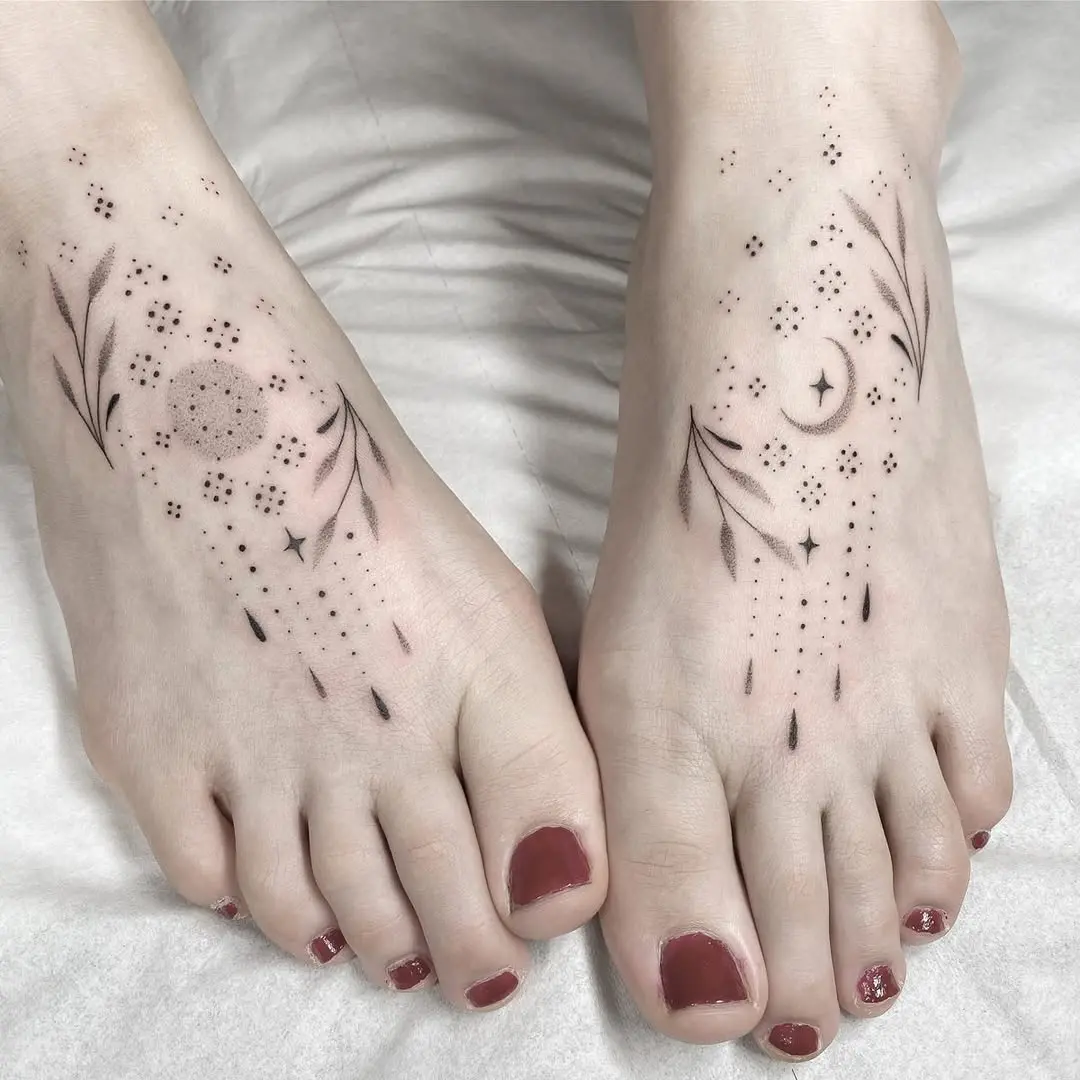 Delicate Sun and Moon Floral Feet Tattoos