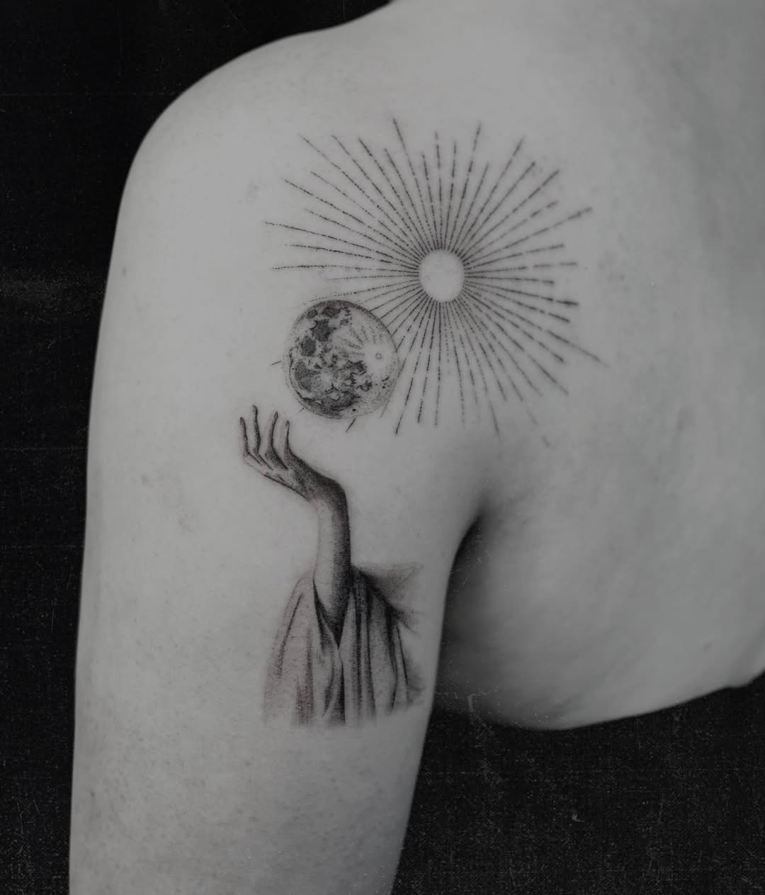 Mystical sun and moon with a gentle hand