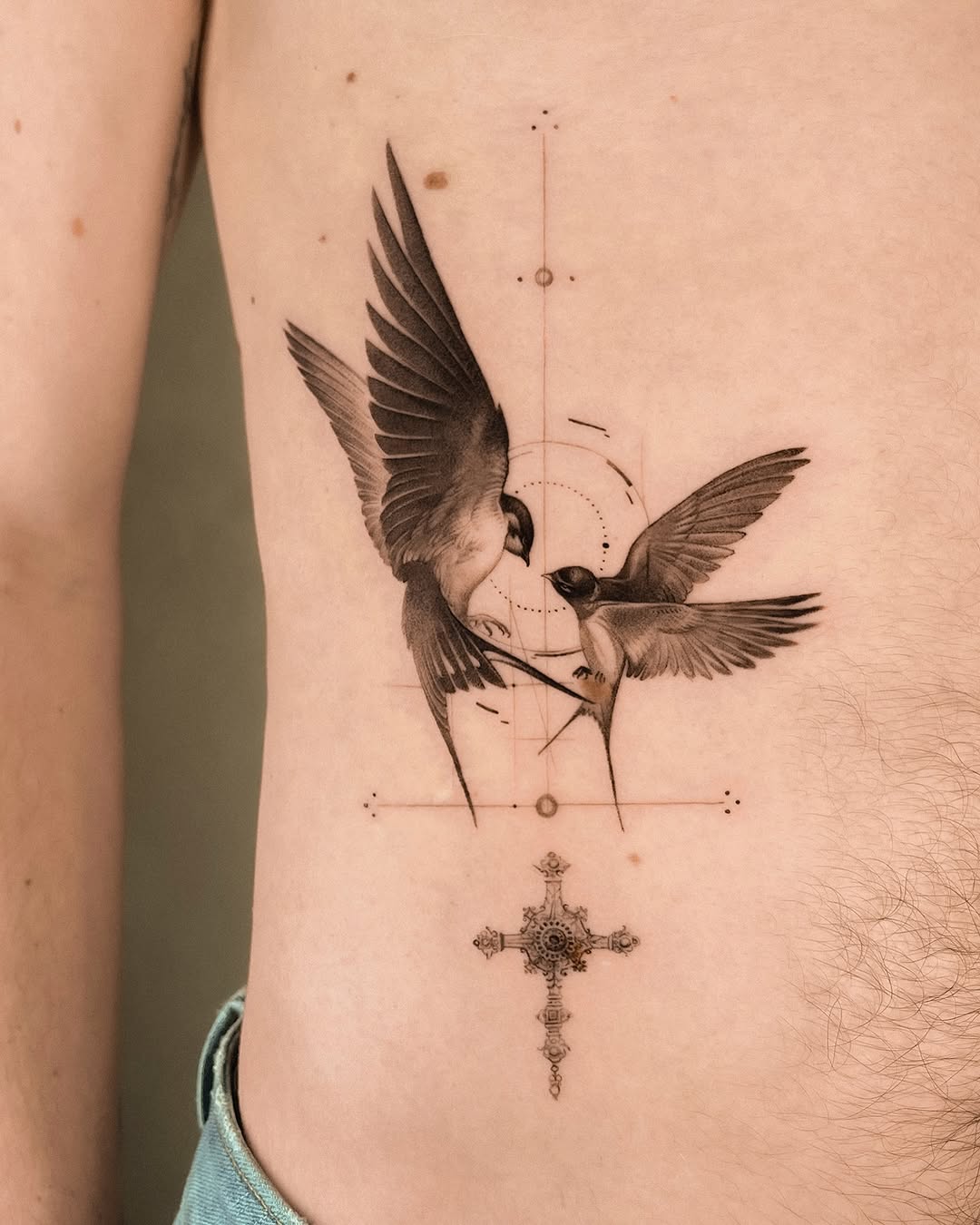 Elegant black and grey swallow tattoo design