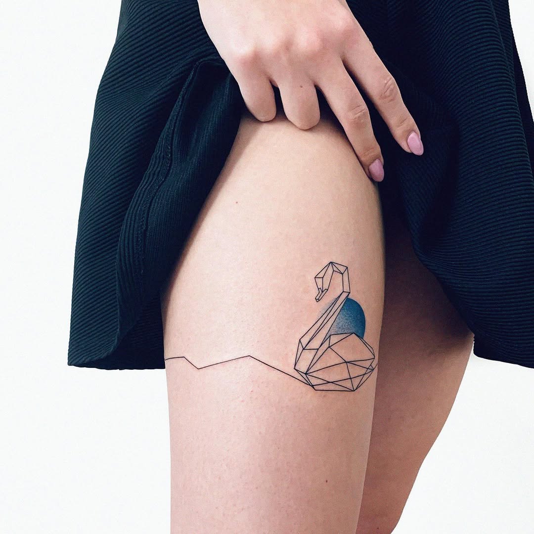 Unique geometric swan tattoo on the thigh