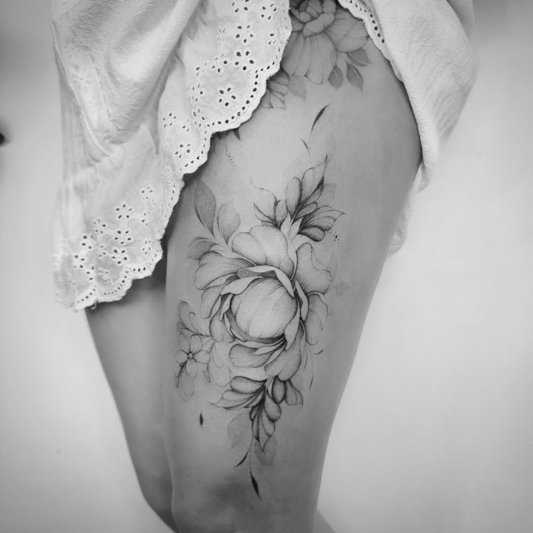 Elegant floral thigh tattoo in black and white