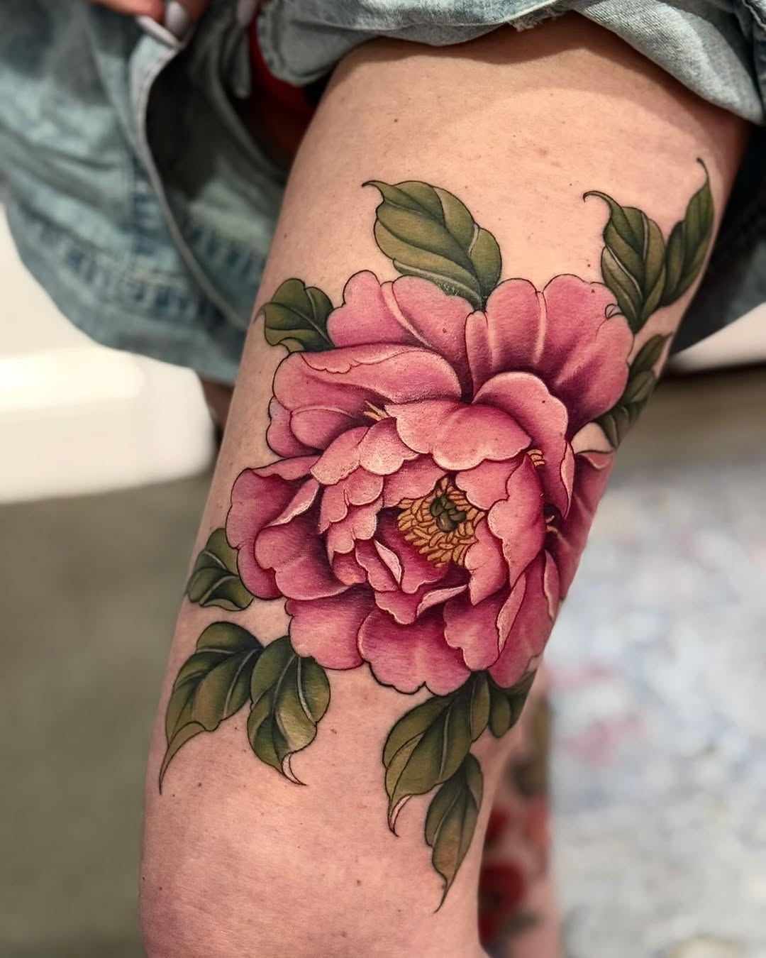 Vibrant Peony Tattoo on Thigh