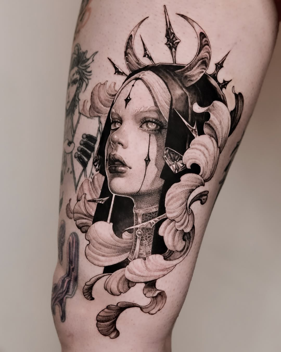Intricate portrait tattoo with flowing details