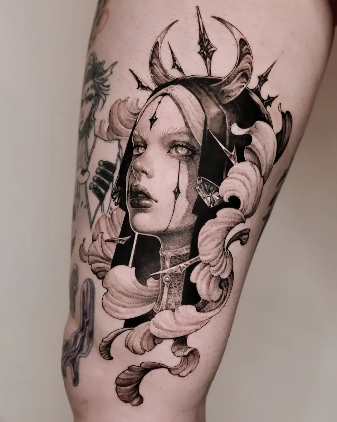 Intricate portrait tattoo with flowing details