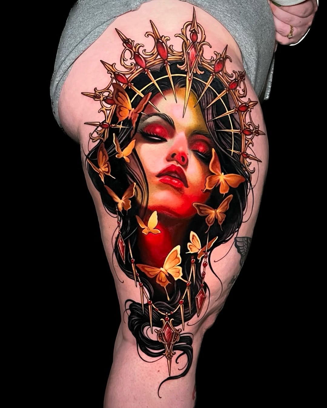 Enchanting lady tattoo surrounded by butterflies