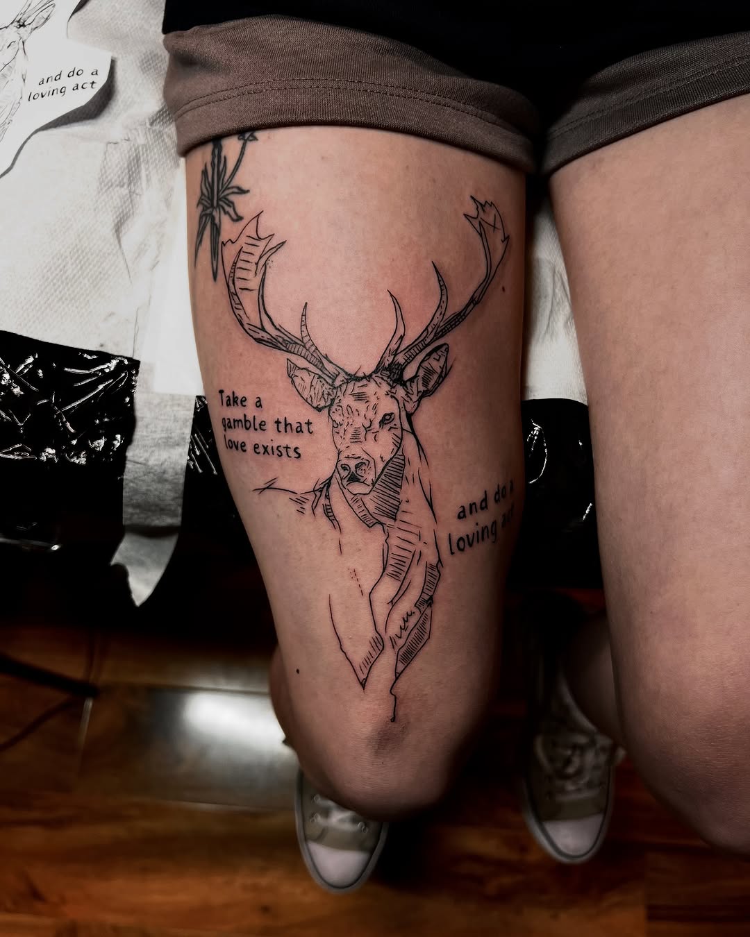 Minimalist deer tattoo with heartfelt message
