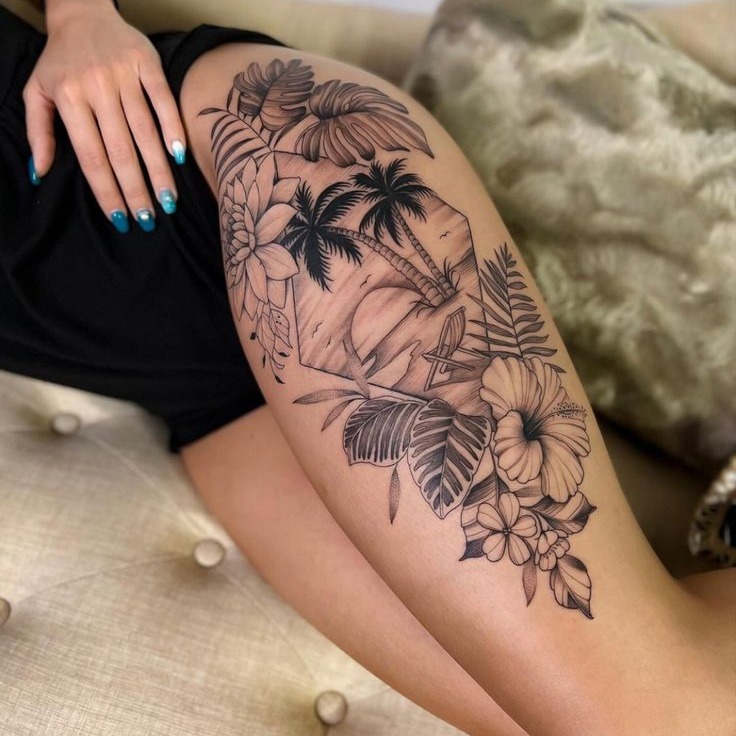 Stunning Floral Beach Scene Tattoo on Thigh