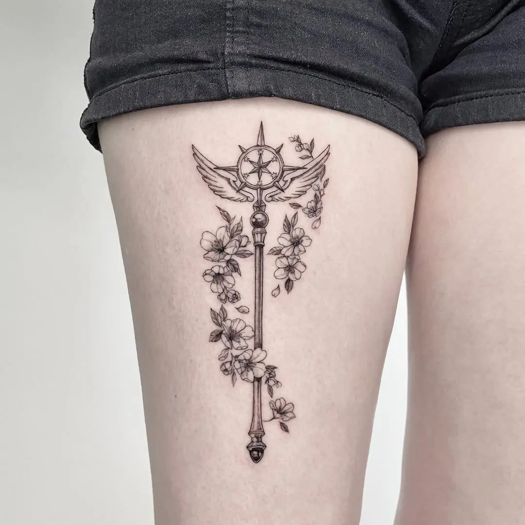 Elegant sword tattoo adorned with floral motifs