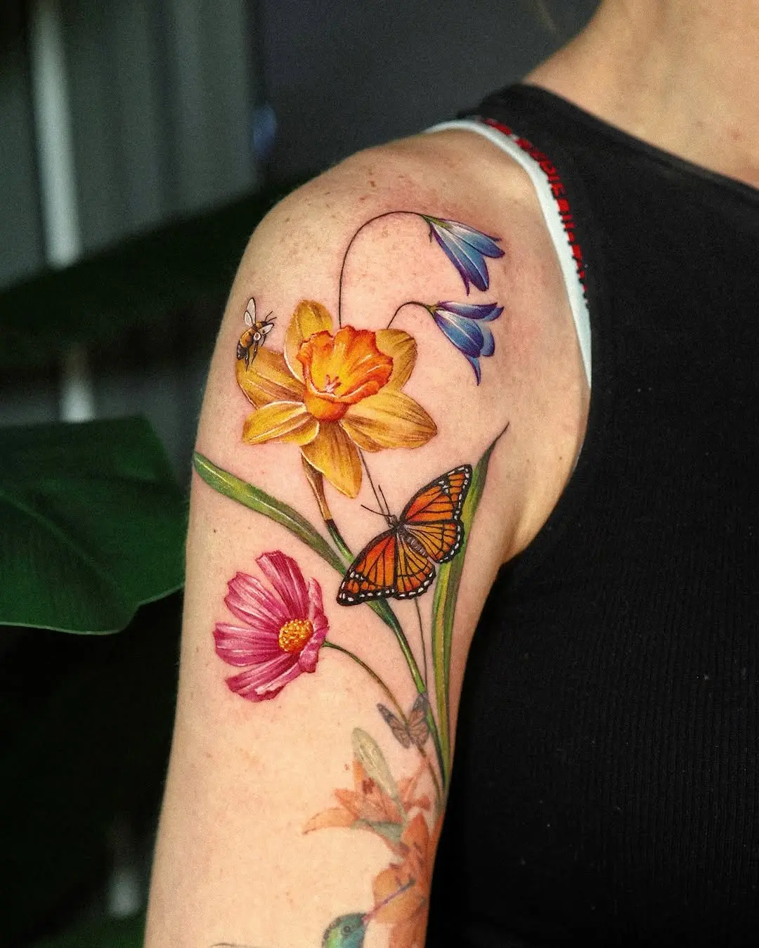 Stunning Floral Tattoo with Butterflies and Bees