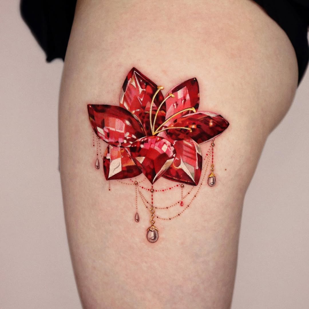 Stunning red flower thigh tattoo design