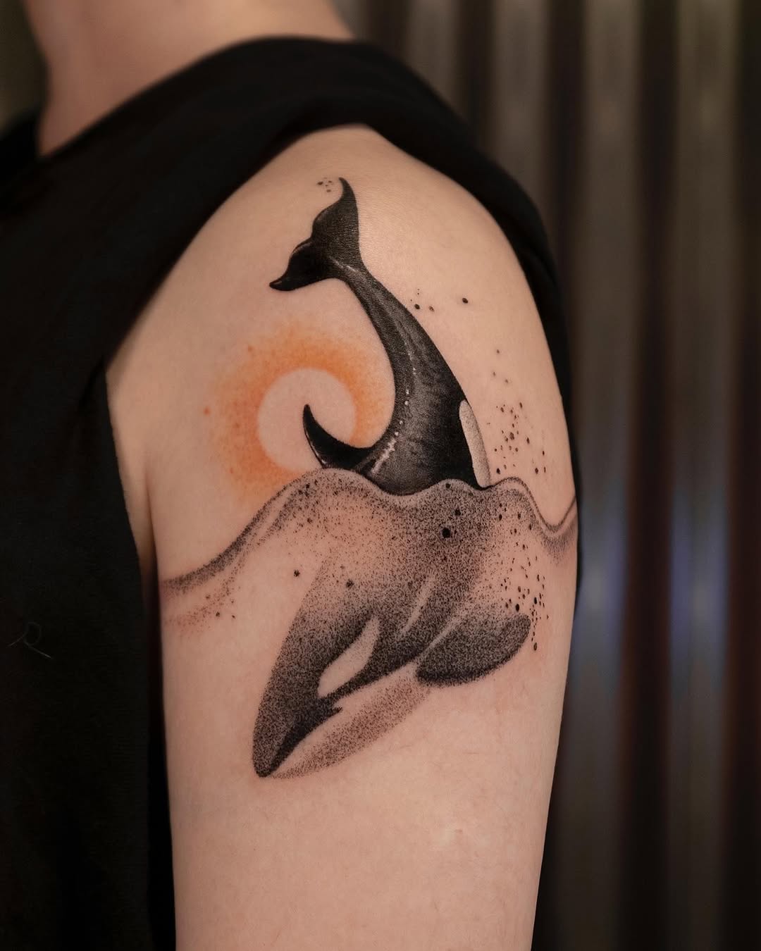 Whimsical Orca Swimming in Artistic Waves