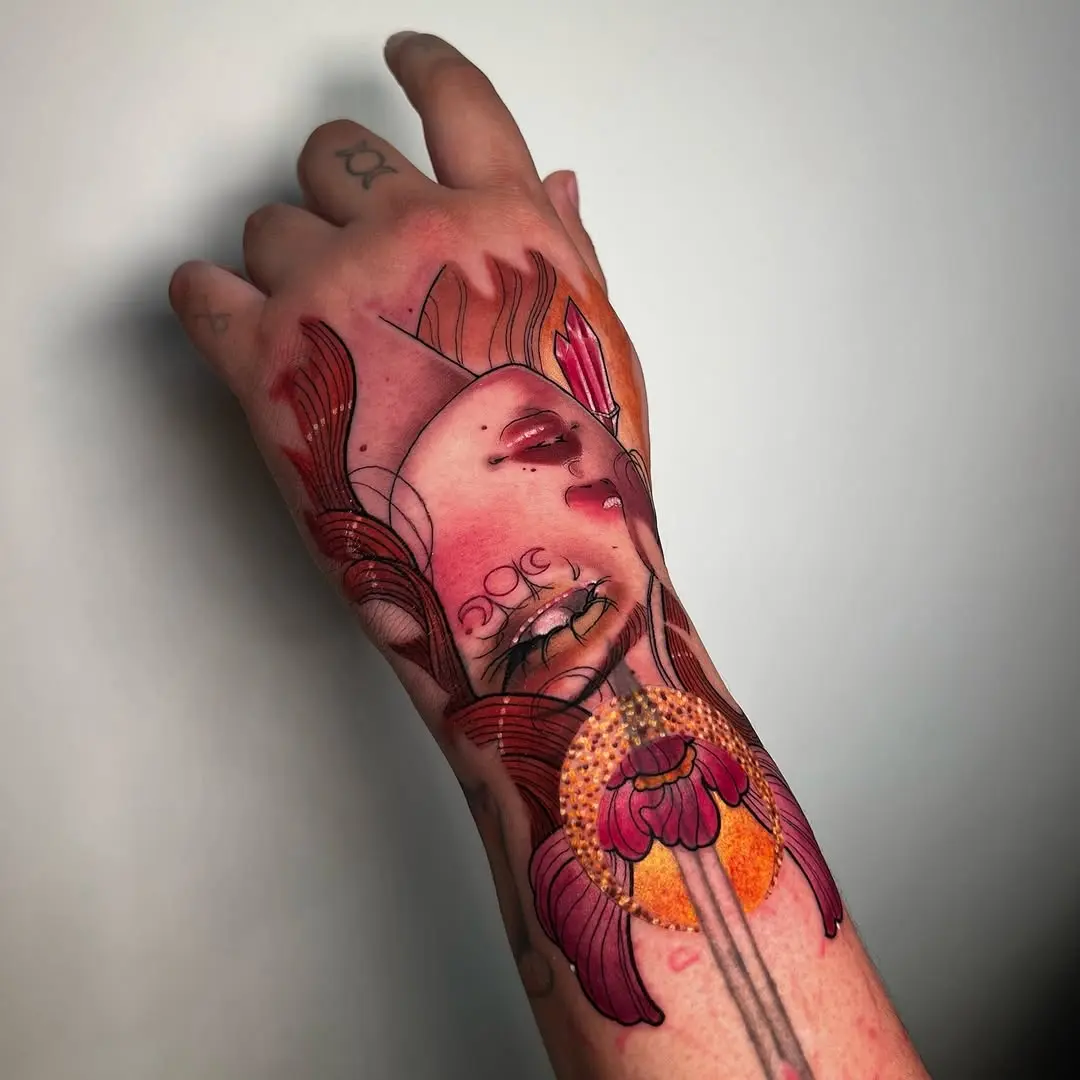 Vibrant Witchy Tattoo on Hand
