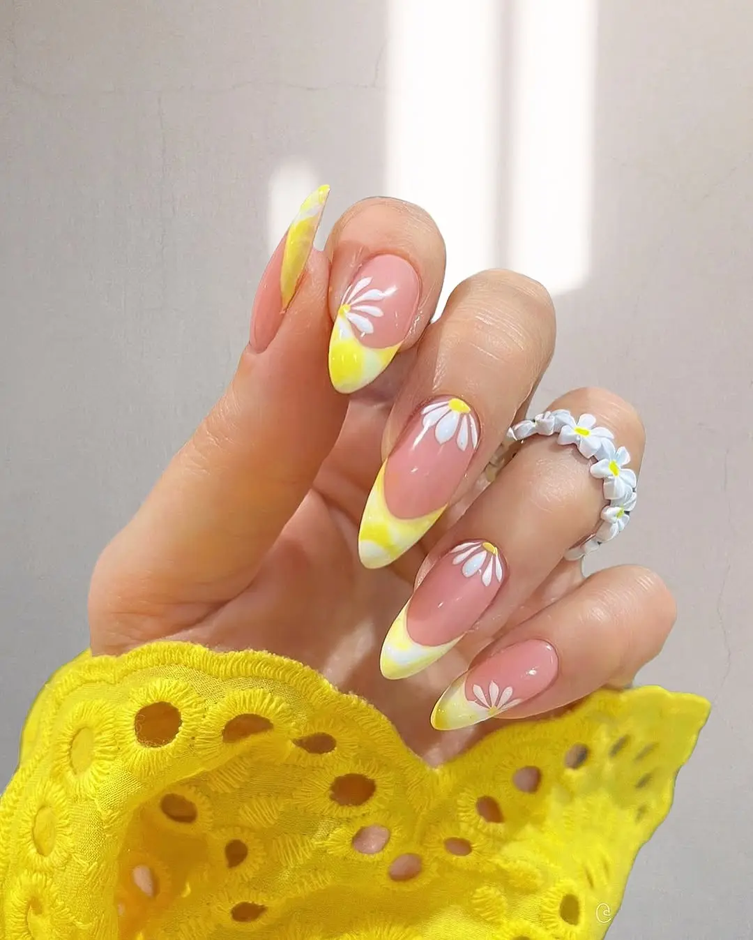 Stylish yellow and pink floral nail design