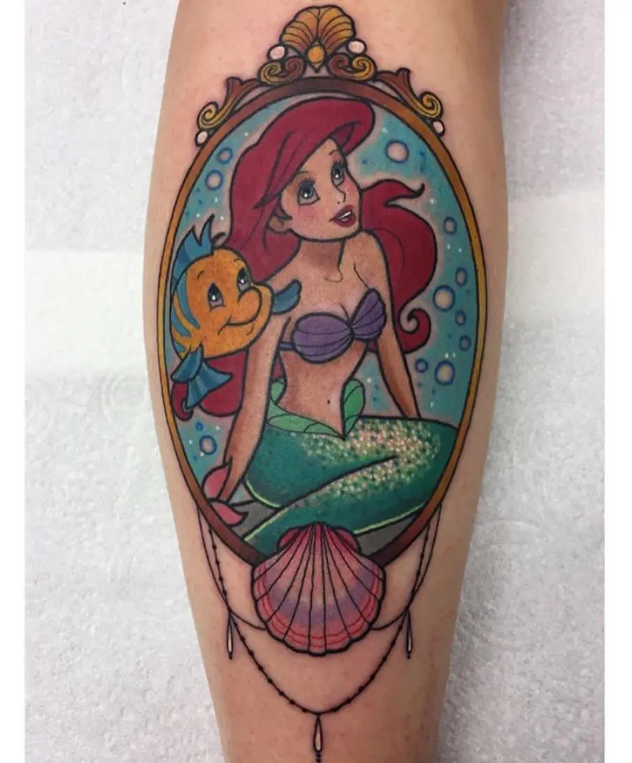 Vibrant Ariel and Flounder Mermaid Tattoo