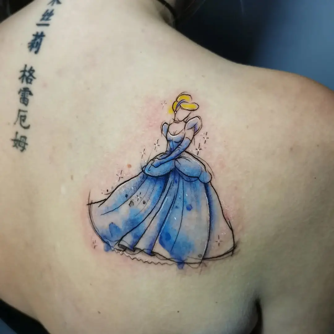 Enchanting Cinderella Back Tattoo in Watercolors