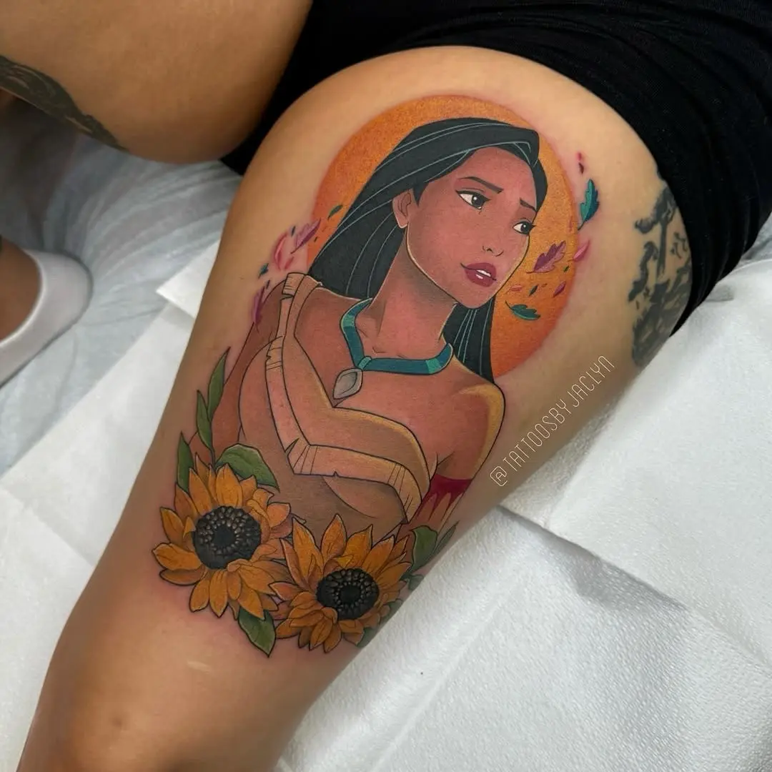 Pocahontas tattoo with vibrant sunflowers design