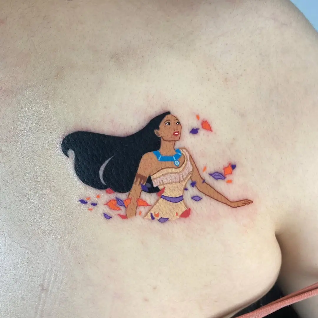 Colorful Pocahontas Tattoo Celebrating Nature's Beauty