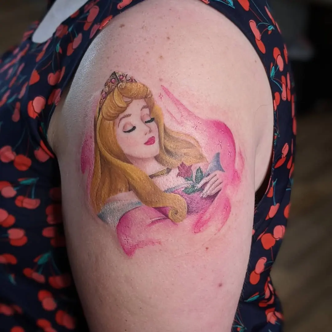 Dreamy Aurora tattoo with soft pink accents