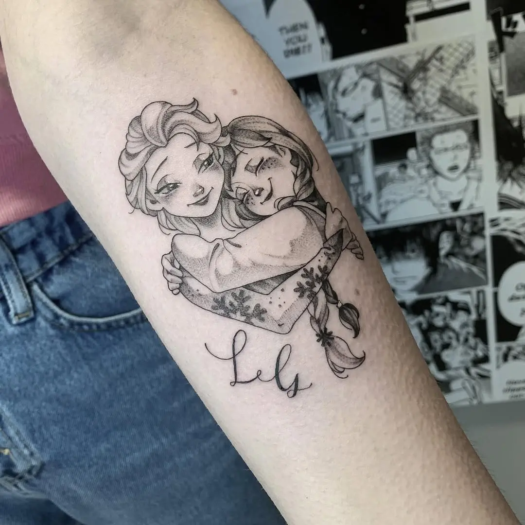 Charming Frozen Sisters Embrace Tattoo Design