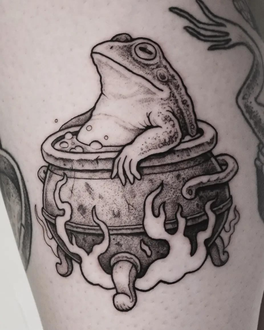 Whimsical frog lounging in a cauldron