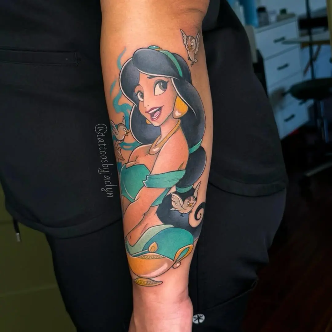 Enchanting Jasmine tattoo with playful companions