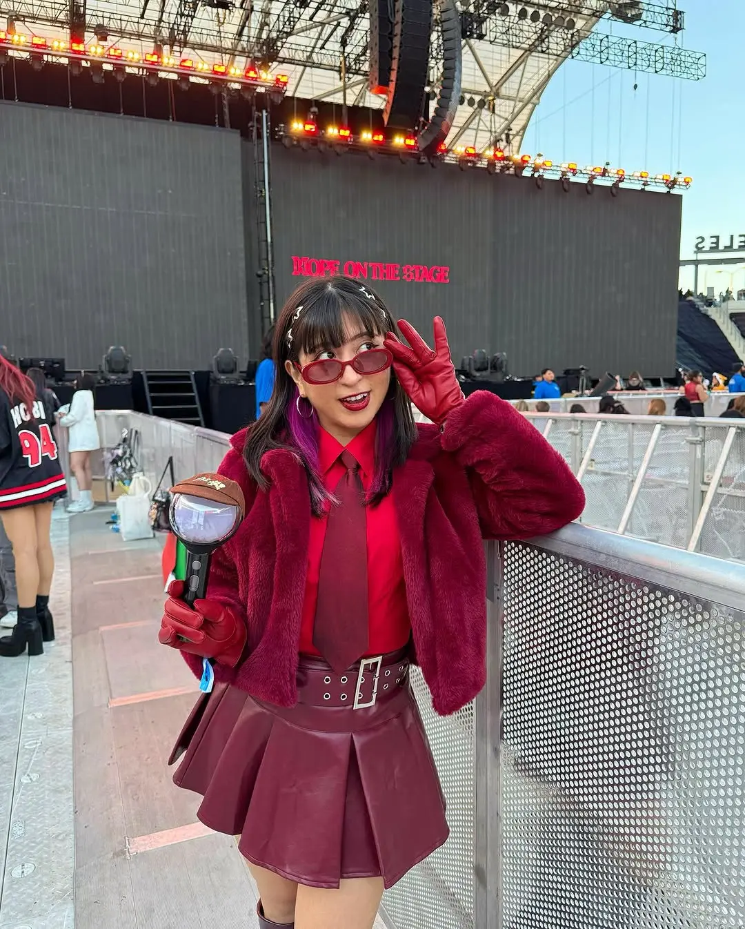 Bold red ensemble for a concert vibe