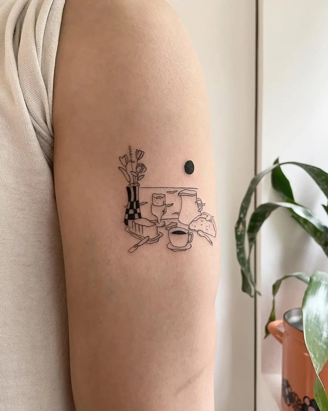 Charming kitchen scene minimalist tattoo design