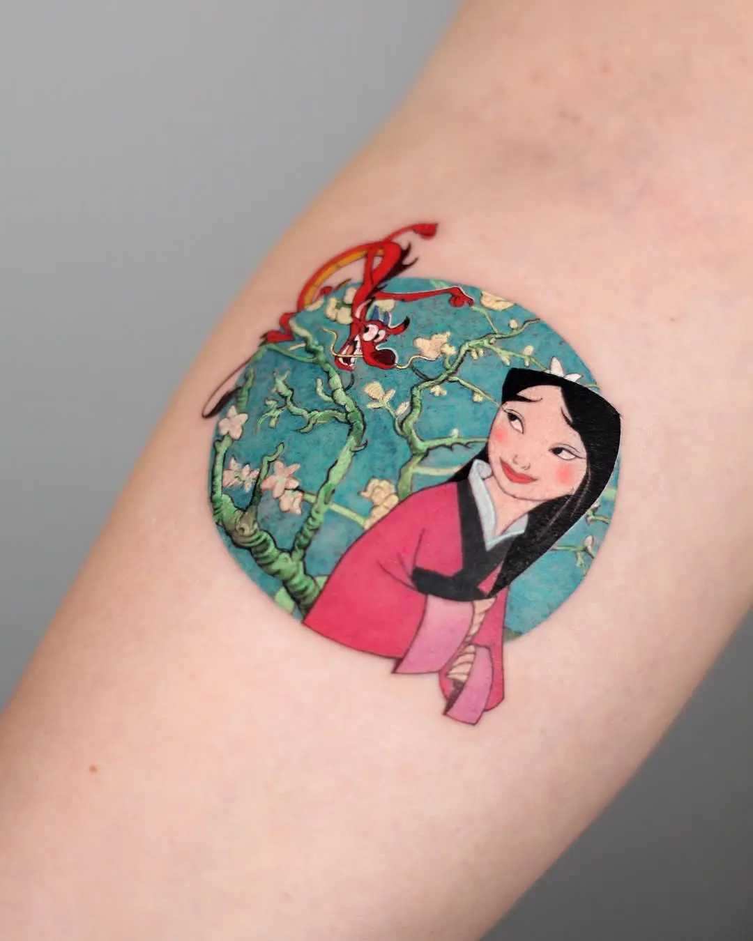 Mulan Tattoo with Mushu and Cherry Blossoms