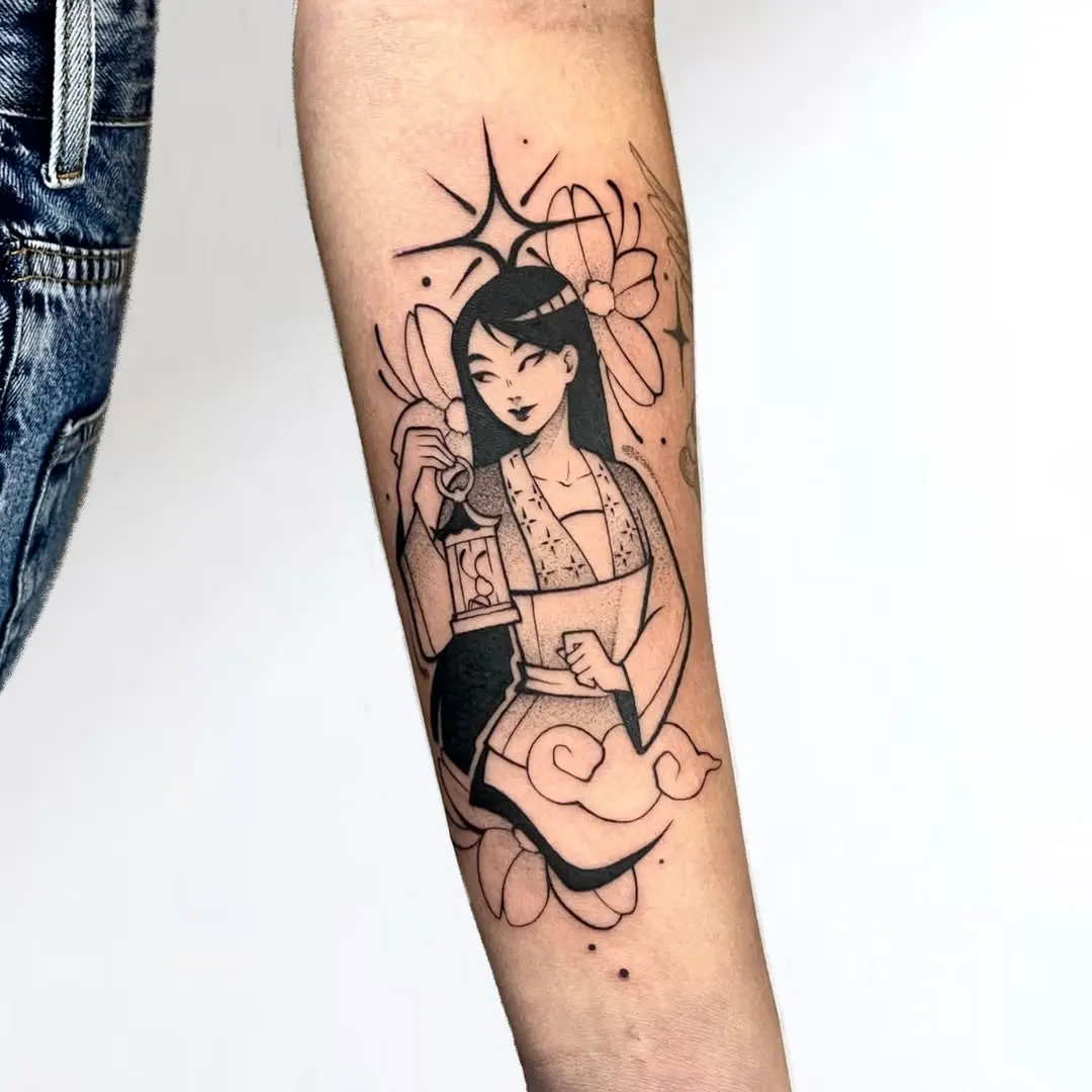 Elegant Mulan Tattoo with Floral Accents