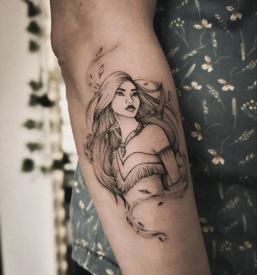 Elegant Pocahontas Tattoo with Flowing Hair