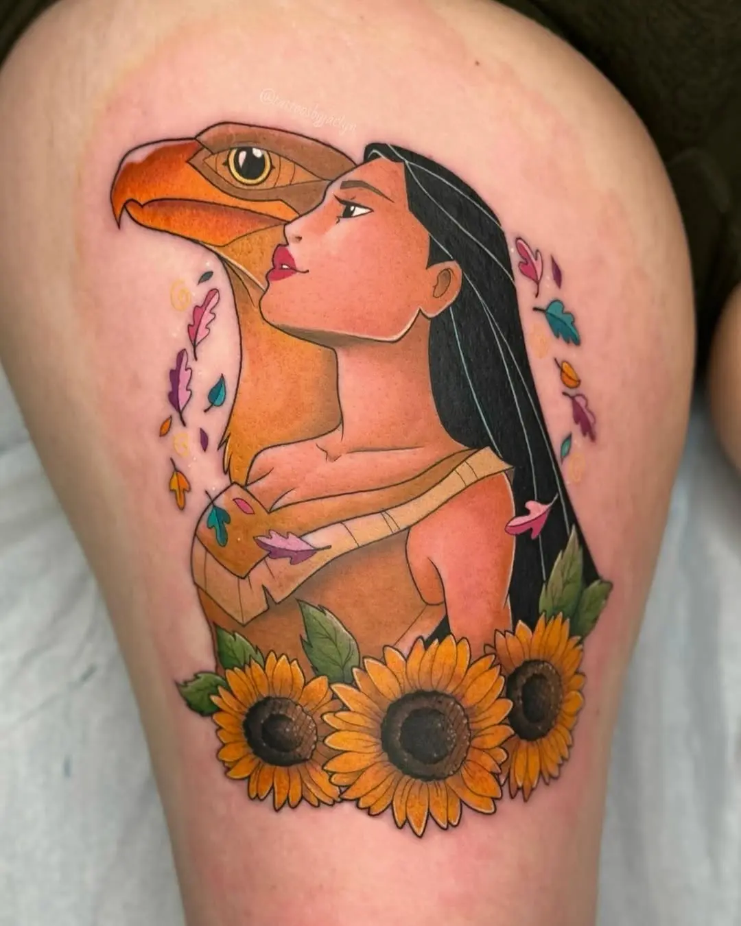 Vibrant Pocahontas Tattoo with Sunflower Accents