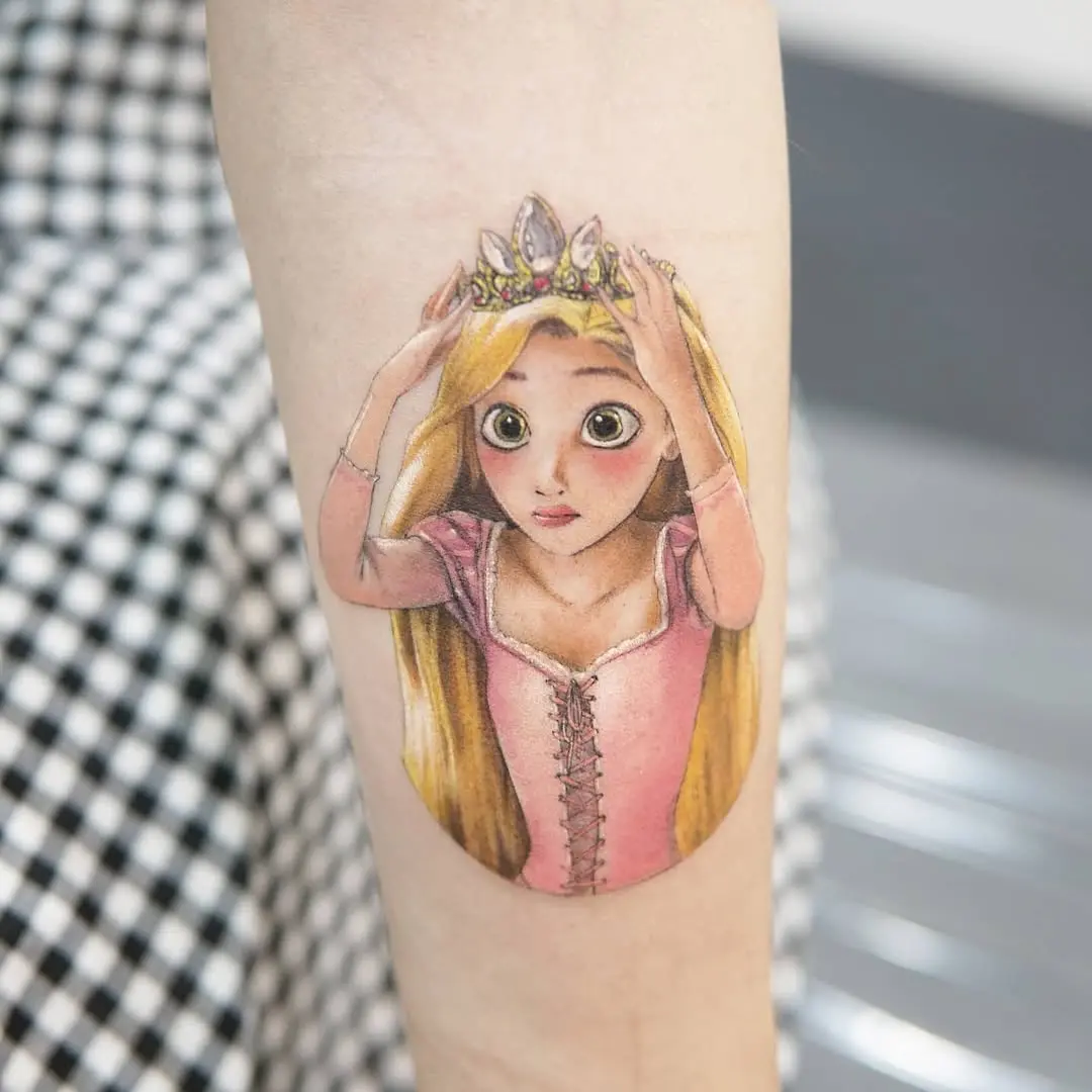 Vibrant Rapunzel Tattoo with Crown Detail