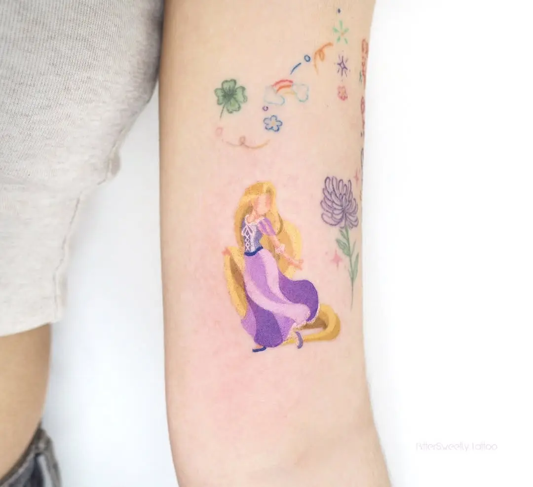 Charming Rapunzel Tattoo Adorned with Florals