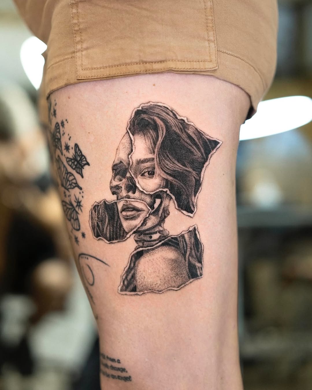 Striking skeletal portrait tattoo with rebirth theme