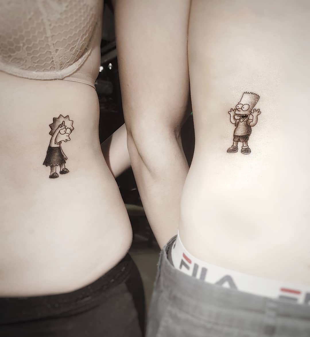 Cute sibling tattoos featuring Bart and Lisa