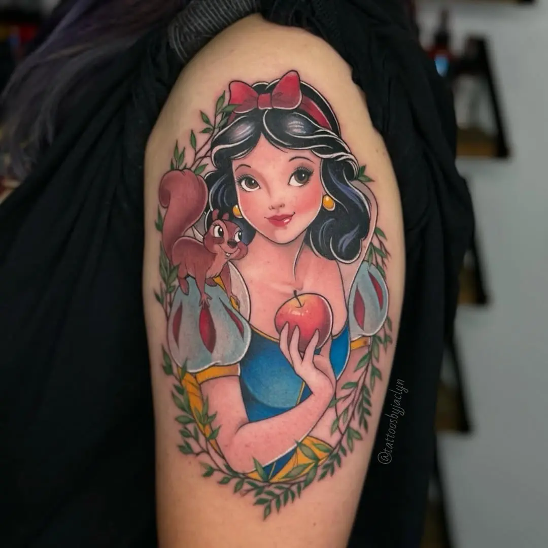 Charming Snow White tattoo with a playful squirrel