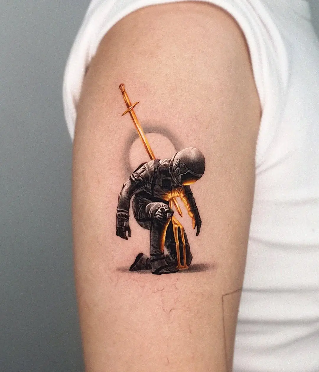 Intricate sword tattoo with a unique character