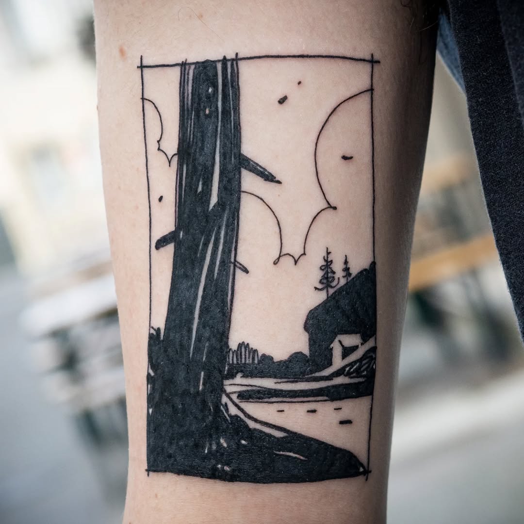 Minimalist tree tattoo with serene landscape vibes