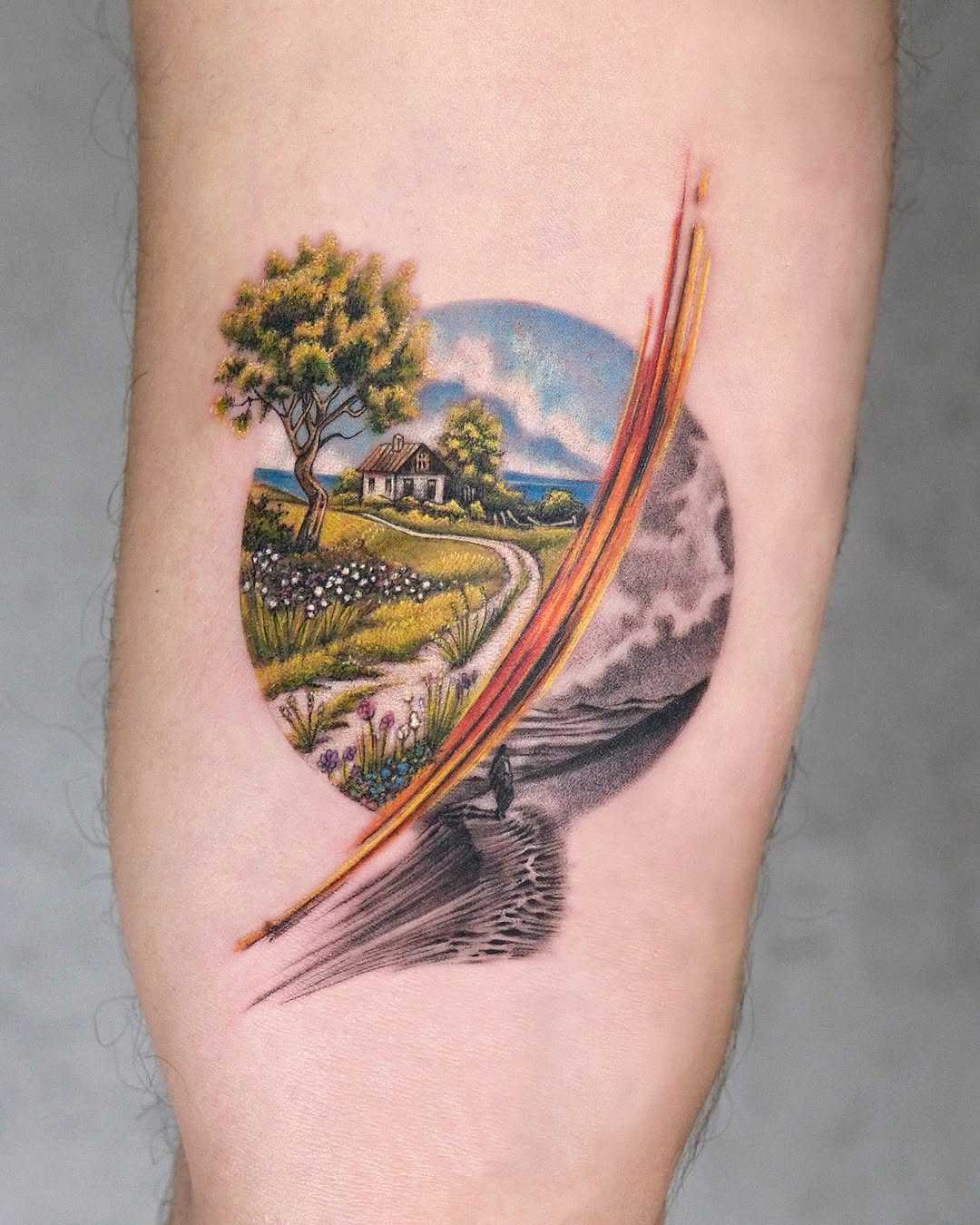 A scenic tree tattoo capturing nature's beauty.