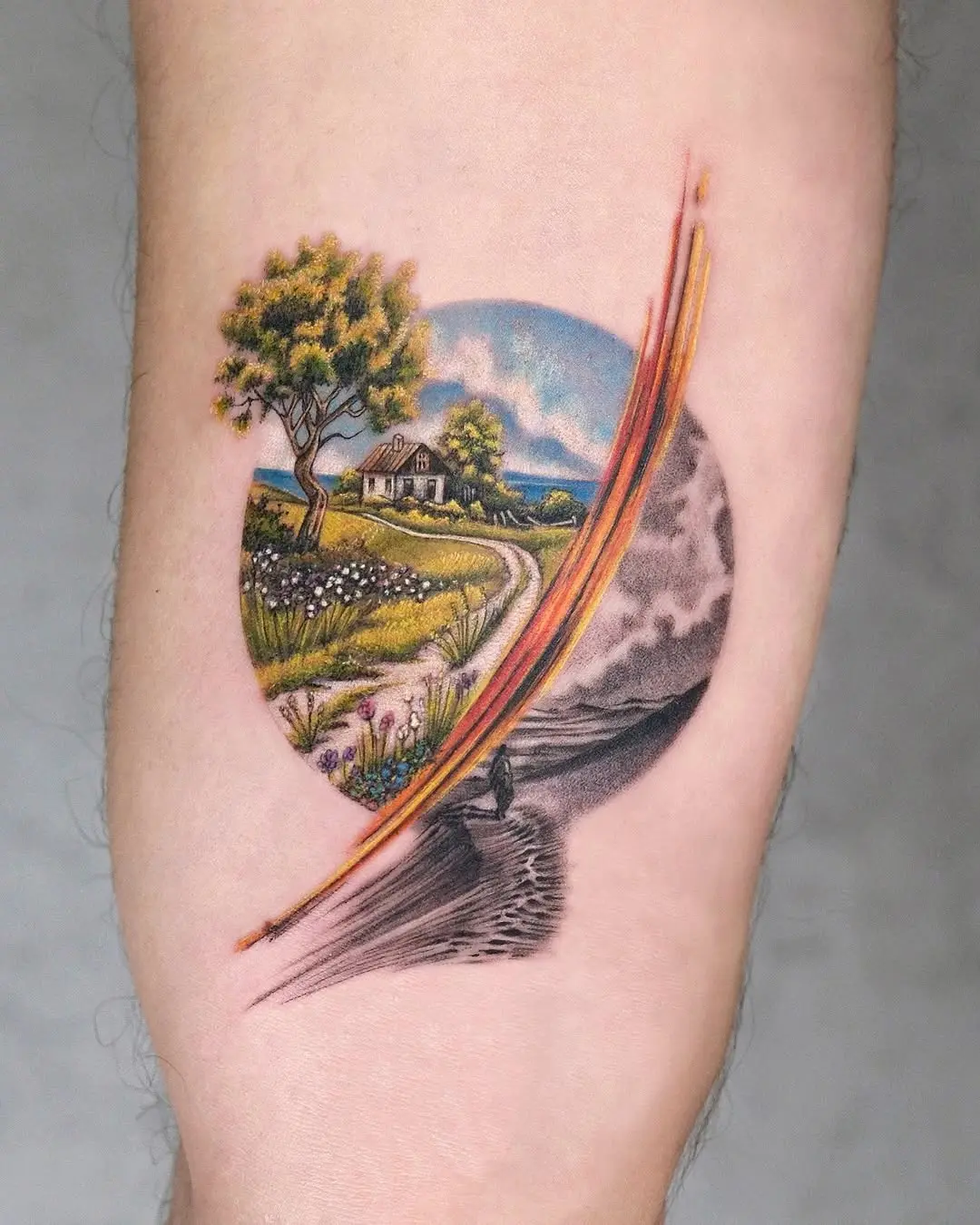 A scenic tree tattoo capturing nature's beauty.