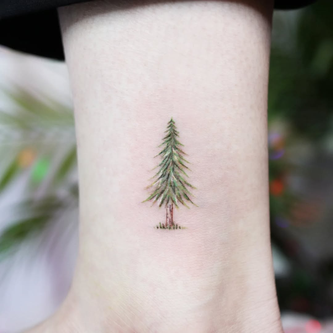 Delicate pine tree tattoo on the ankle