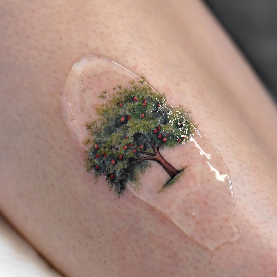 Vibrant tree tattoo with lush greenery
