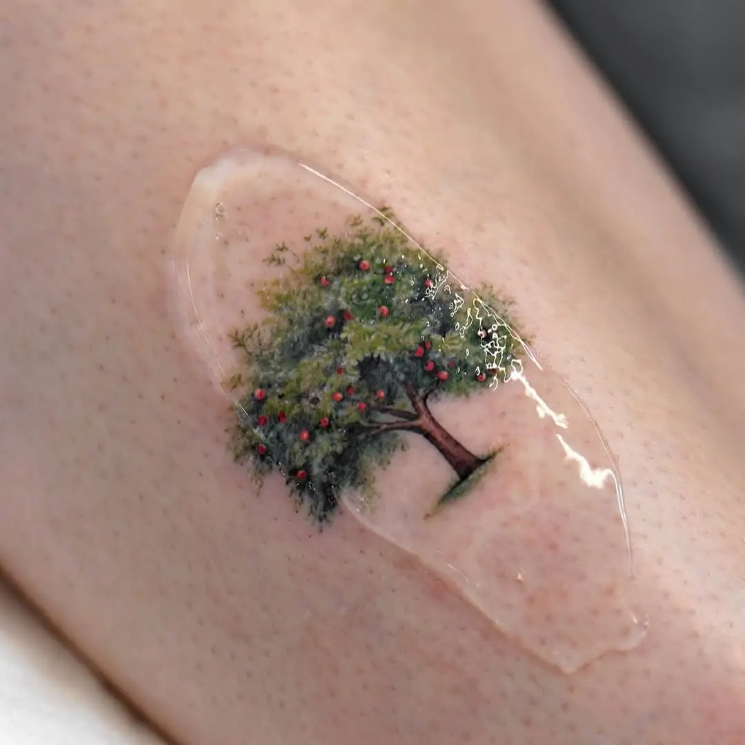 Vibrant tree tattoo with lush greenery