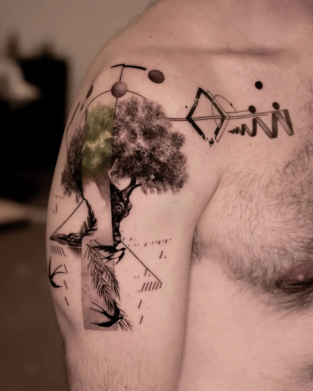 Artistic Tree Tattoo Blending Nature and Geometry