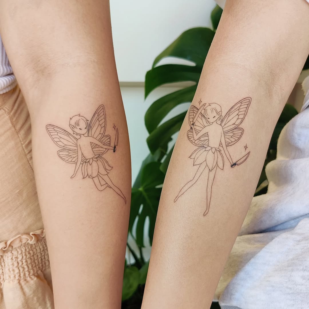 Whimsical fairy tattoos symbolize sibling bond.